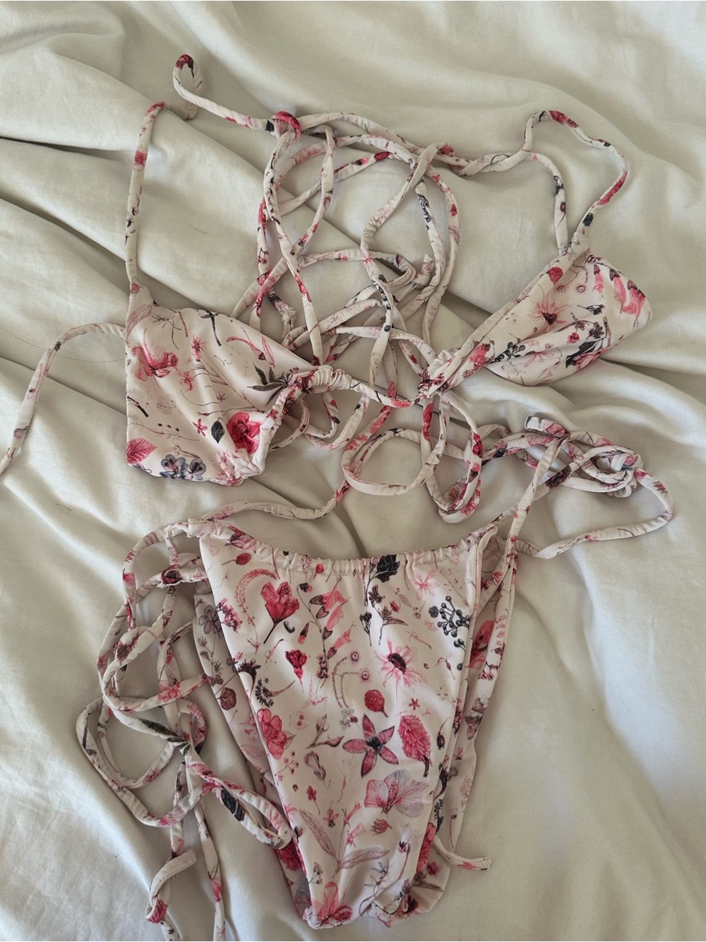 Floral Tie-Strap Bikini Set - Pink & White